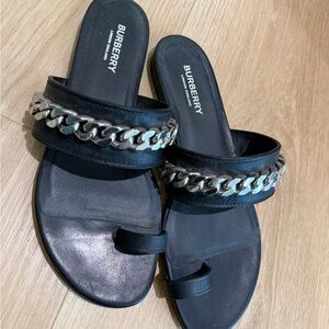 Burberry Black Sandals with Silver Chain Accent